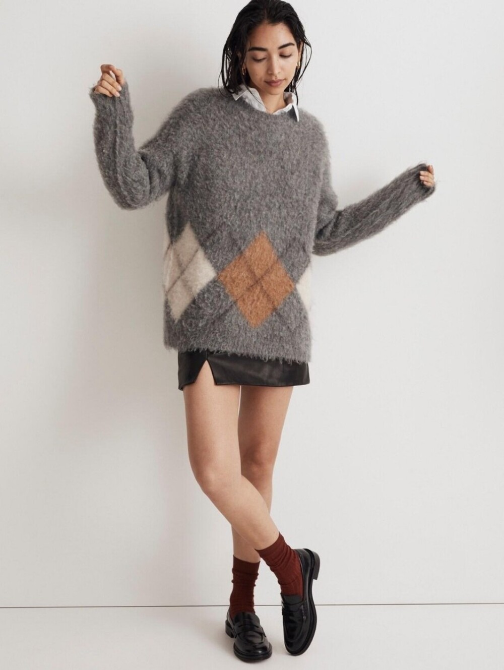 Madewell Gray Mohair-Blend Argyle Crewneck Sweater with Tan & Cream Accents